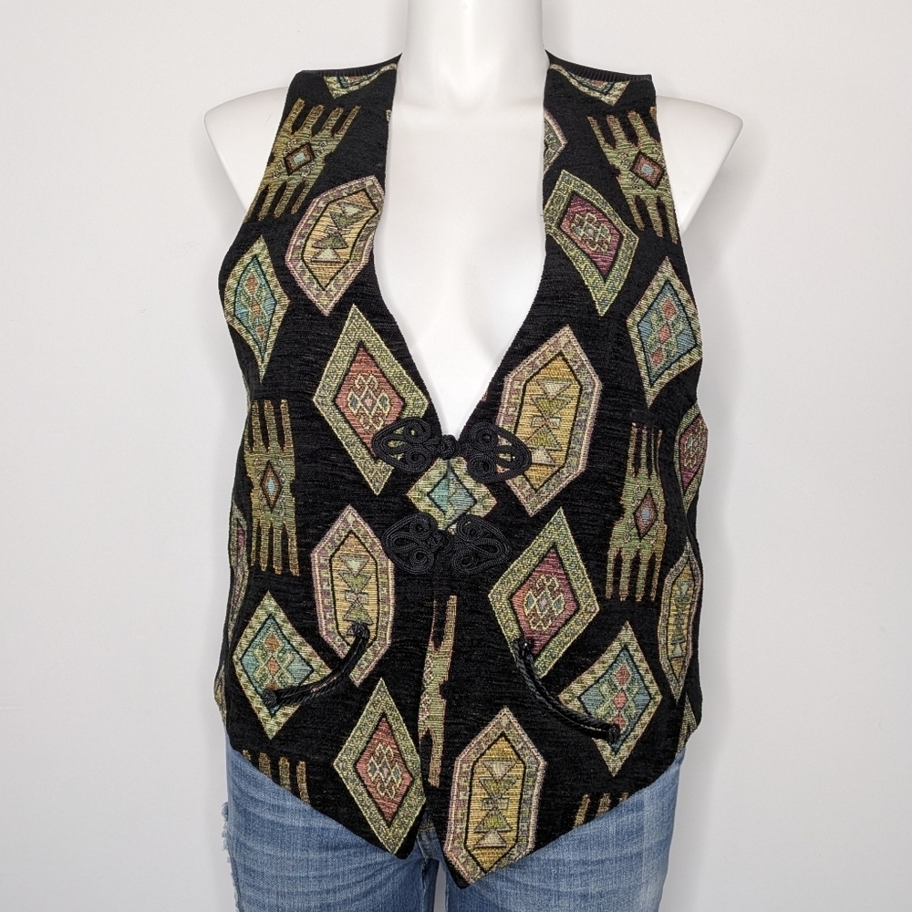 Vintage Max & Mabel Black Colorful Tapestry V Neck Art To Wear Vest L